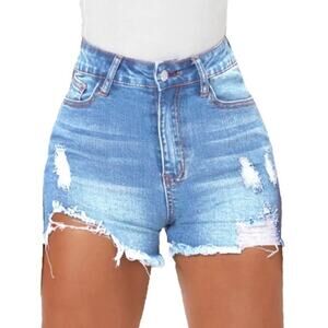Women's High Waisted Ripped Distressed Denim Shorts - Stretch Frayed Raw Hem